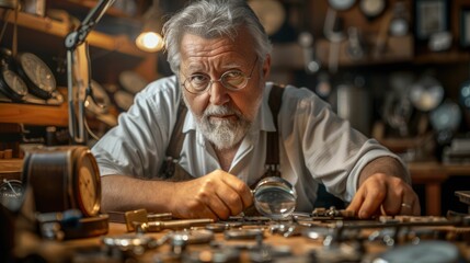 The picture of the adult professional watchmaker working inside workshop that has been filled with...