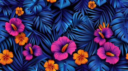   A vibrant array of purple and orange blossoms set against a backdrop of blue and pink foliage, with orange and pink petals adorning a blue-leafed