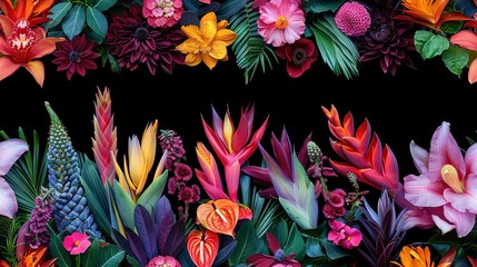   A bouquet of flowers on a black background, framed by a black border