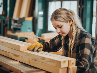 a young beautiful lady doing woodwork in woodworking place : Generative AI
