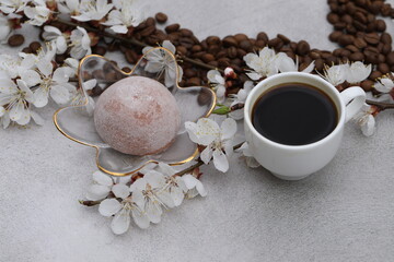 Cup of hot coffee with japanese sweets daifuku mochi