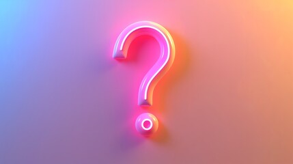 Neon glowing pink question mark centered on a soft pastel rainbow gradient background, embodying a minimal and clean design