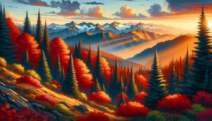 An scene of Hurricane Ridge in autumn, showcasing the vibrant fiery red and orange hues of deciduous trees