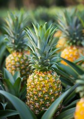 Fresh Organic Pineapples Growing on a Farm with Green Leaves Background