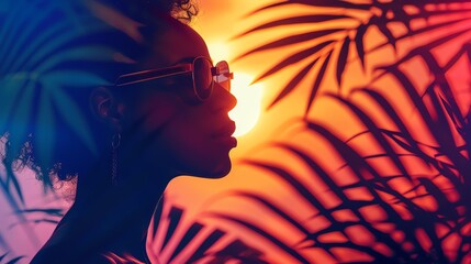 Summer energy illustrated with a woman in sunglasses as a silhouette, with tropical leaves casting shadows amidst a colorful sunset