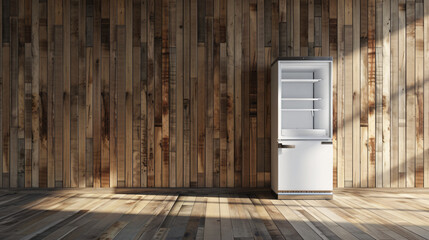 Open empty fridge near wooden wall