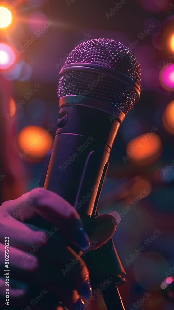 Poster person talking into a microphone glowing aesthetic scenery background : generative ai