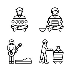 homeless outline icon set includes thin line donation, bunk bed, leftover, bridge, mittens, alcohol, food stall icons for report, presentation, diagram, web design