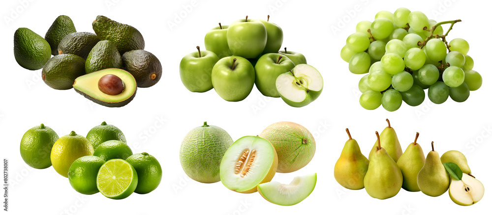 Wall mural collection of green fruits in pile group, honeydew, melon, pear, apple, grape, avocado, lime on tran - Wall murals