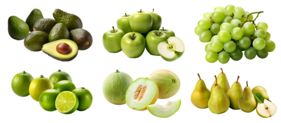 Collection of green fruits in pile group, honeydew, melon, pear, apple, grape, avocado, lime on transparent background cutout, PNG file. Mockup template for artwork design