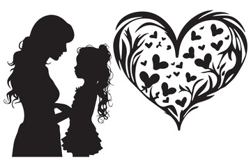 Heart with black silhouette mom and baby