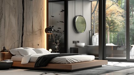 Bedroom, minimalist style, strong atmosphere : Generative AI