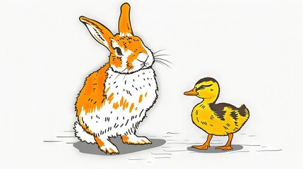 Fototapeta premium A picture of a bunny and duckling beside each other on a white canvas with a yellow birdlet in the front
