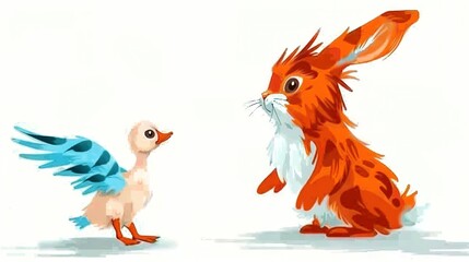   A picture of two animals, a bird and a rabbit, facing each other but in opposite directions One is looking in the opposite direction