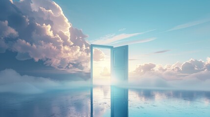 Fantasy landscape through a door, clouds floating over a mirror-like lake, under a sky in soothing pastel shades, conveying tranquility
