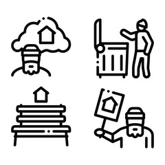 homeless outline icon set includes thin line donation, bunk bed, leftover, bridge, mittens, alcohol, food stall icons for report, presentation, diagram, web design