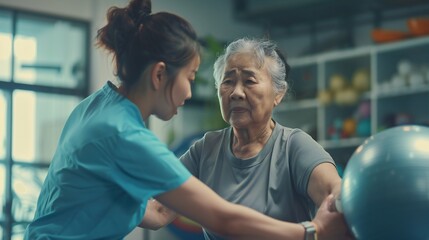 A young physical therapist guides an elderly Asian woman through exercises designed to enhance leg strength and reduce pain. - Powered by Adobe