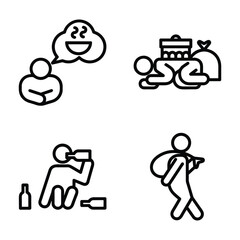 homeless outline icon set includes thin line donation, bunk bed, leftover, bridge, mittens, alcohol, food stall icons for report, presentation, diagram, web design