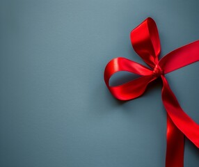 Elegant Red Satin Ribbon Bow on Textured Blue Background for Gift Concept