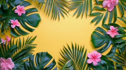 Elegant  green monstera and palm leaves with pink tropical flowers on a sunny  yelow background.  Copy space. Place for text. Generative AI.