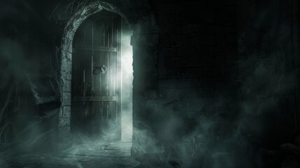 Gloomy light from an open door highlights a hellish ring gate in a dungeon, shrouded in smoke and cobwebs, creating a scary storage room atmosphere