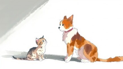   Cat and Kitten Drawing on White Surface with Shadow