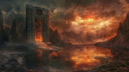 Haunting scene with a door to hell, reflecting lake offering a glimpse of the devil, surrounded by a landscape that burns beneath dark skies