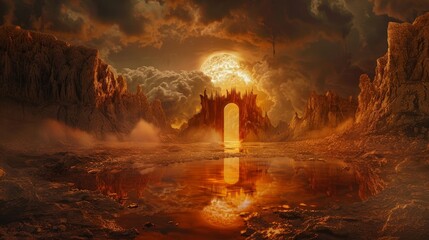 Haunting scene with a door to hell, reflecting lake offering a glimpse of the devil, surrounded by a landscape that burns beneath dark skies - obrazy, fototapety, plakaty