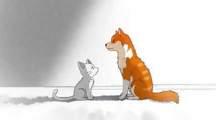 Fototapeta premium An orange and white cat and a gray and white cat sit side by side on a gray and white floor