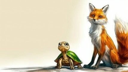 Obraz premium A fox and a tortoise face each other on a canvas of pure white