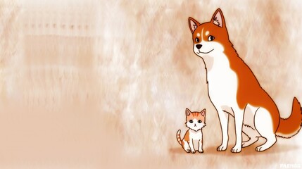 Obraz premium Illustration of a dog and cat together on a brown-white background