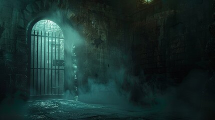 Haunting storage room in a dungeon, a sliver of light from an opened door reveals a ring gate and...