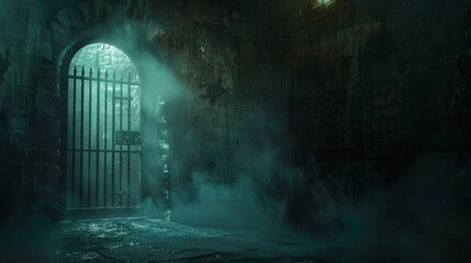 Haunting storage room in a dungeon, a sliver of light from an opened door reveals a ring gate and layers of mist, all set against a backdrop of darkness