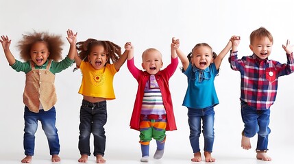 a diverse group of preschool children singing and dancing with a plain white background : Generative AI