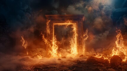 Heaven and hell doorway in an open space at night, a ring gate framing the entrance, with intense fire burning under a shroud of mist and darkness