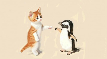   Two cats perched on a penguin duo