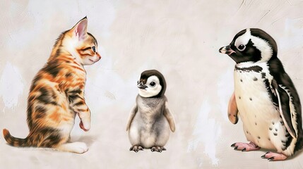  A trio of pets - cat, penguin, and feline - cozy up on a white canvas