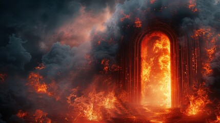Hell gate door surrounded by dense smoke and aggressive flames, appearing as a terrifying portal in a realm of darkness and fire
