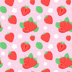 Juicy summer seamless pattern with strawberries. Vector illustration for print, textile, flyer, card