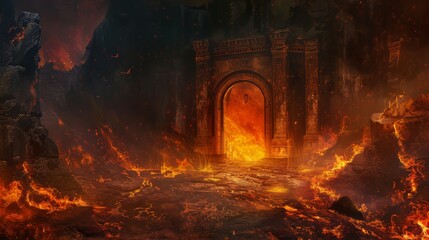 Hell landscape with an archery portal door amidst burning flames, surrounded by a foreboding darkness that covers everything, intensely scary