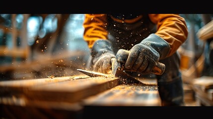 A craftsman carpenter works on boards and beams, bright background : Generative AI