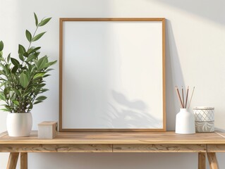 Minimalist Interior Setting with Wooden Frame and Plants
