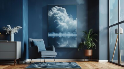 Navy blue-themed dreamy landscape showcasing a reflective lake, majestic clouds through an ethereal door, perfect for a sophisticated modern decor