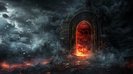 Nighttime scene of the gates to heaven and hell, with a dark, shrouded atmosphere, misty with cobwebs and a sinister red glowing door, surrounded by flames