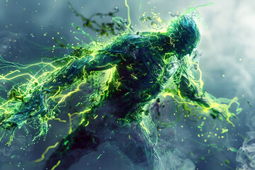 Fototapeta premium Ethereal Journey of Celestial Beings Through Swirling Cosmic Expanse of Bioluminescent Mists
