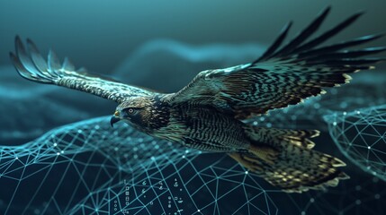 A cybernetic hawk soaring above a digital landscape, its eyes piercing through layers of encryption to guard against vulnerabilities in the network. 32k, full ultra hd, high resolution