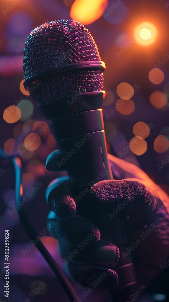 Aufkleber person talking into a microphone glowing aesthetic scenery background : generative ai