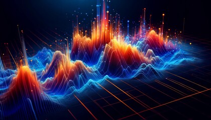 An abstract representation of a digital waveform pulsating along a grid, using the same vibrant color contrasts and digital art technique as the origi.