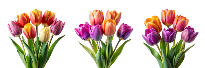 Collection set bunch bouquet pink purple orange mixed stalk of tulip tulips flower floral with leaves arrangement on transparent background cutout, PNG file. Mockup template artwork graphic design