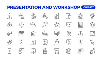Workshop icon set. Containing team building, collaboration, teamwork, coaching, problem-solving and education icons.Business presentation line icons Presentation, business, seminar, partnership, goals